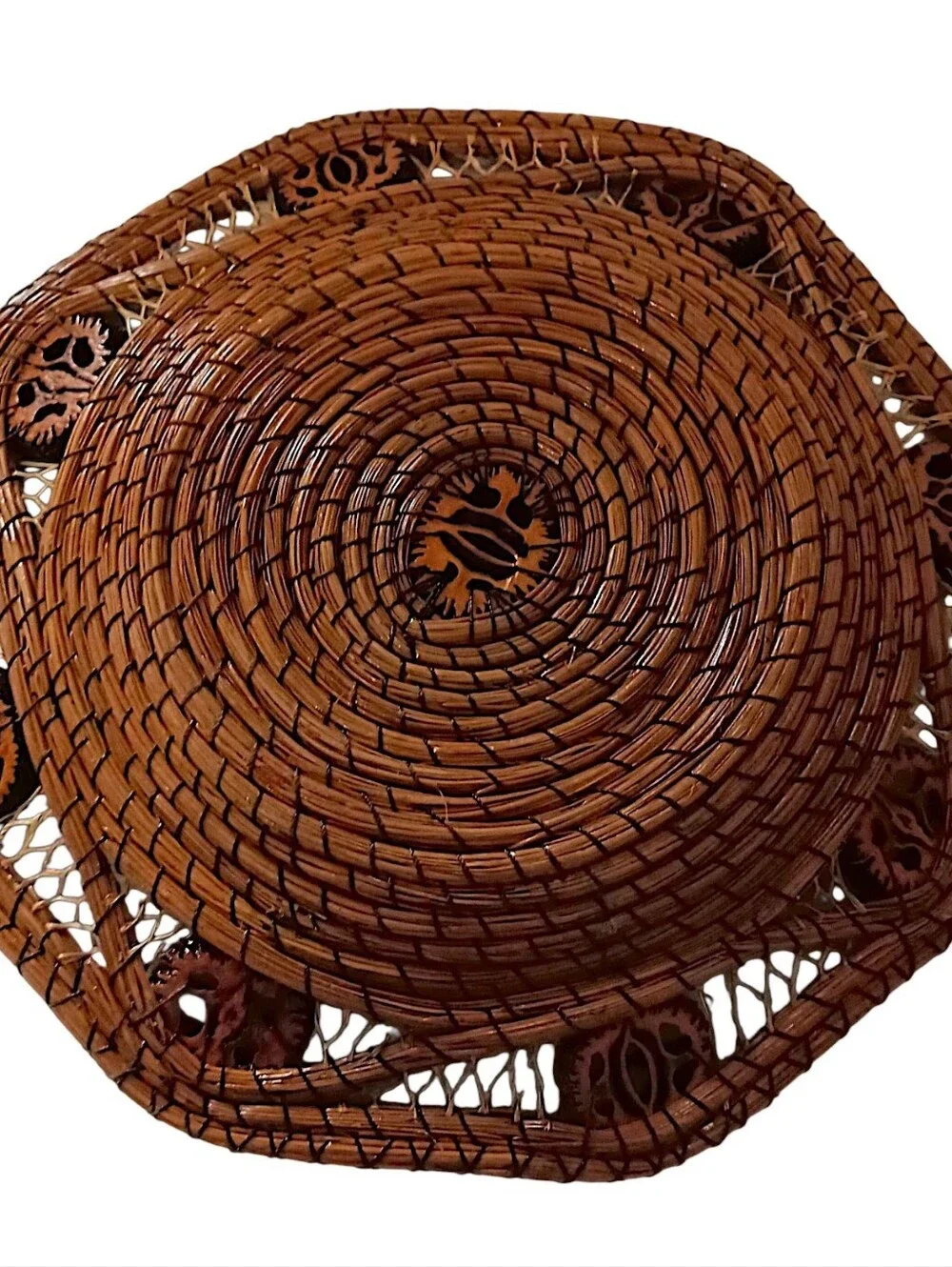 Vintage Long Pine Needle Basket Walnut Slice Inserts Coiled Folk‎ Art Hand Woven